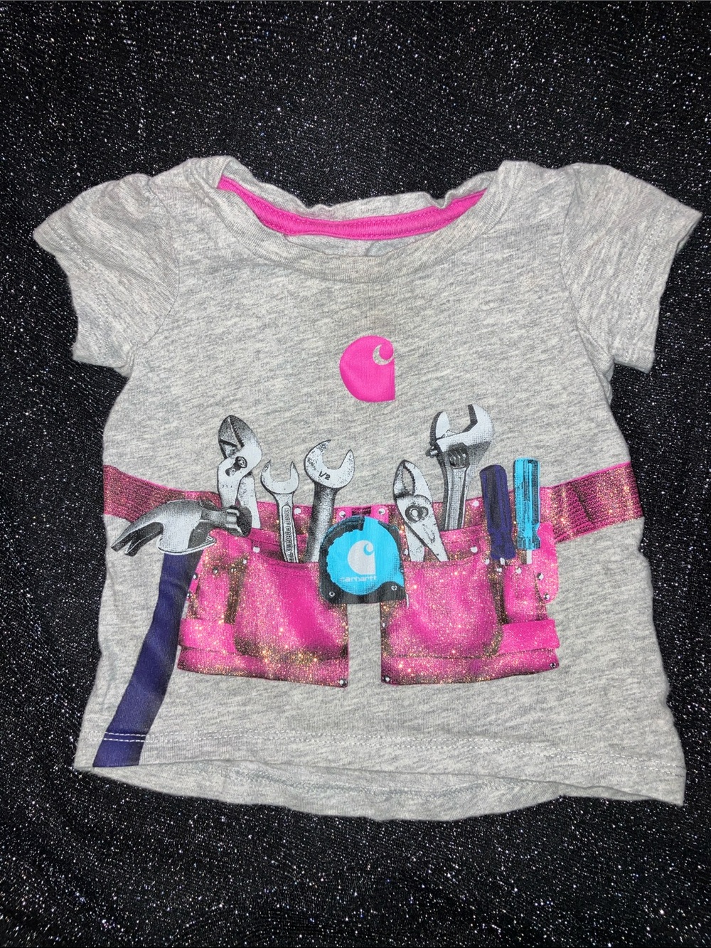 3/$15 Carhartt Gray Girls' Short Sleeve Tee with Pink Glitter Tool Belt Graphic